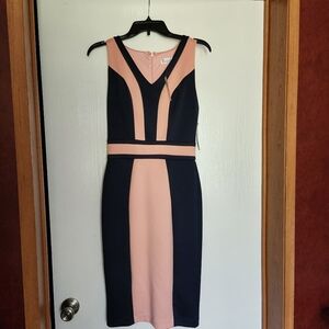 New York and Company Blue and Pink XS Sheath Midi Dress V-Neck Sleeveless